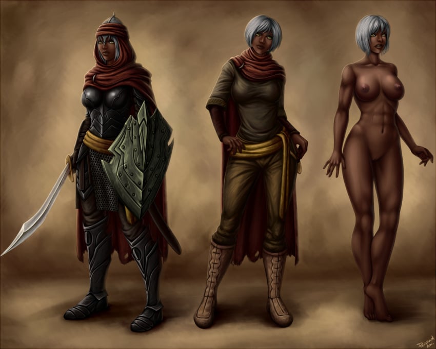 2013 abs areola areolae armor biceps boots breasts brown_skin cape clothes curvy dark-skinned_female dark_skin female green_eyes helm hood large_breasts medium_breasts model_sheet muscular_female navel nipples nude perky_breasts personalami pose pussy redguard scar scimitar shield short_hair skyrim standing sword the_elder_scrolls thighs turban uncensored vagina weapon white_hair yellow_eyes