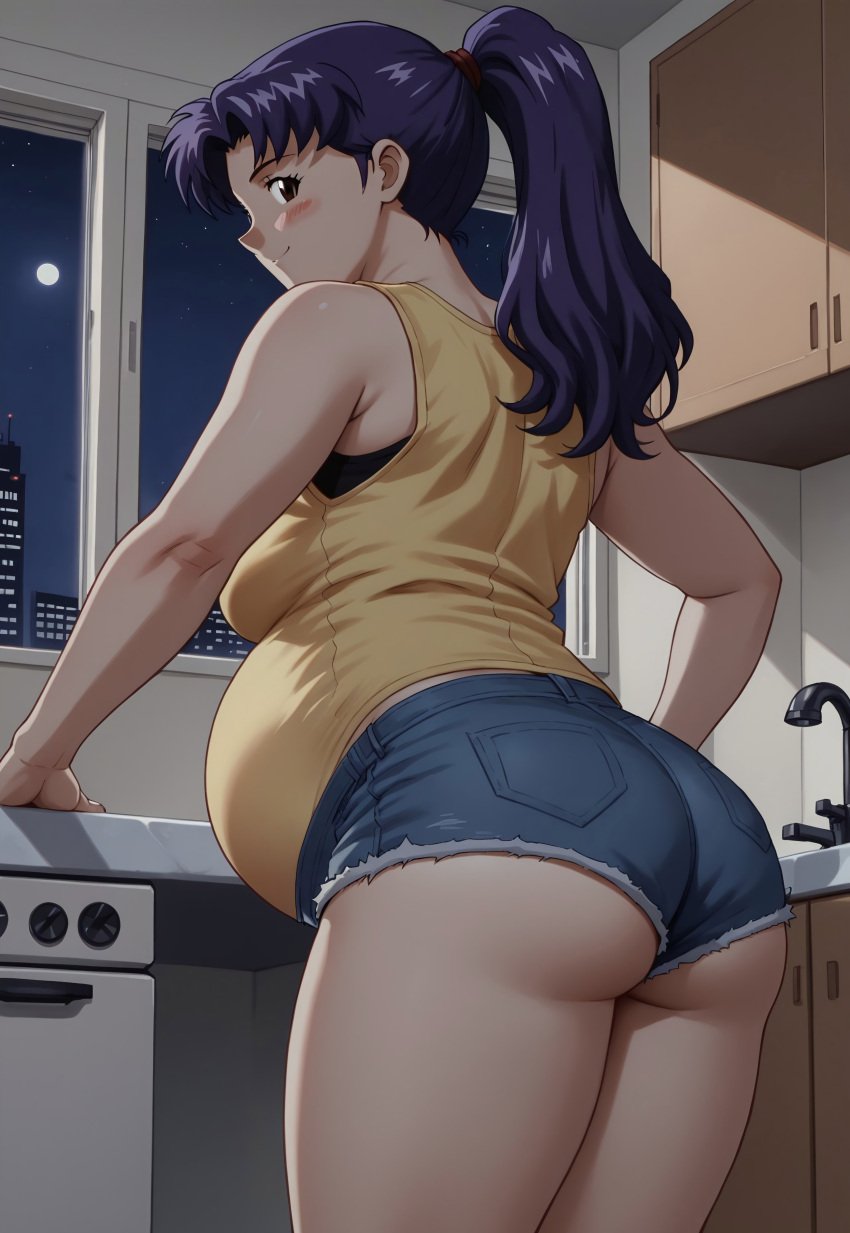 ai_generated big_belly big_butt jean_shorts misato_katsuragi neon_genesis_evangelion pregnancy pregnant pregnant_belly purple_hair ready_to_pop yellow_tank_top