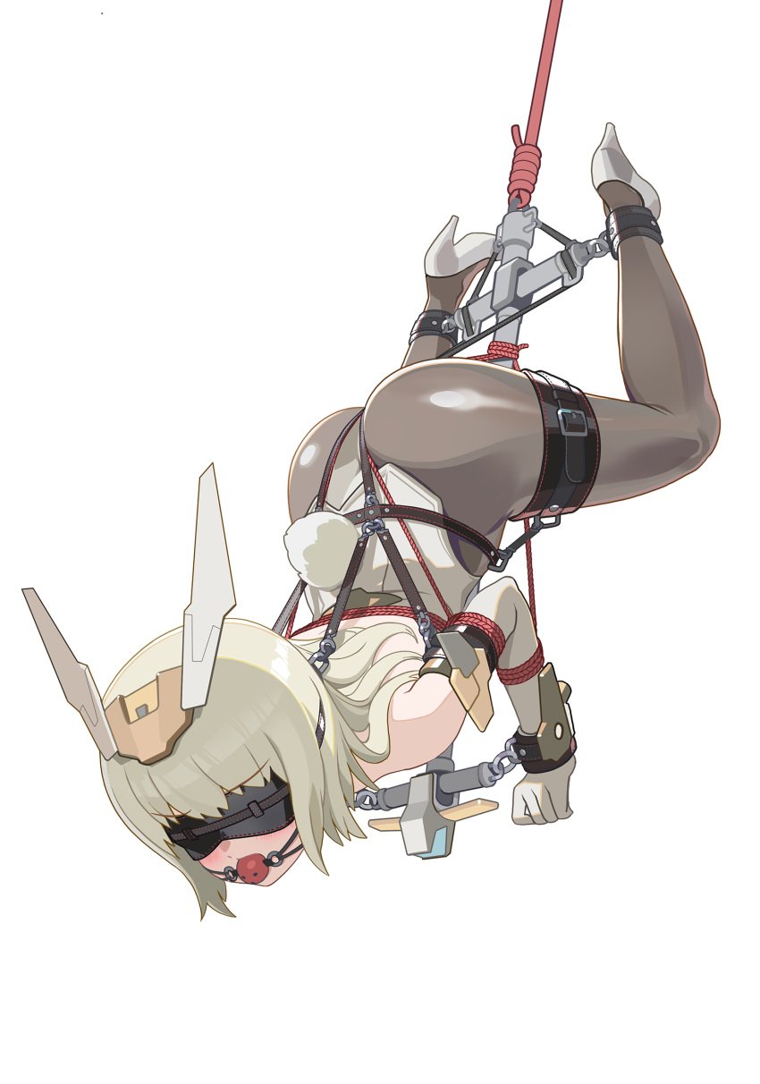 ball_gag black_pantyhose blindfold bondage bound frame_arms_girl gag gagged gangrg hanging high_heels highres pantyhose restrained shibari_over_clothes strap tail upside-down white_background