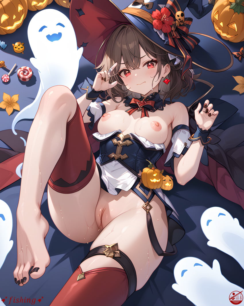 ai_generated breasts breasts_out breasts_out_of_clothes functionally_nude functionally_nude_female genshin_impact halloween hu_tao_(genshin_impact) pussy vagina wet