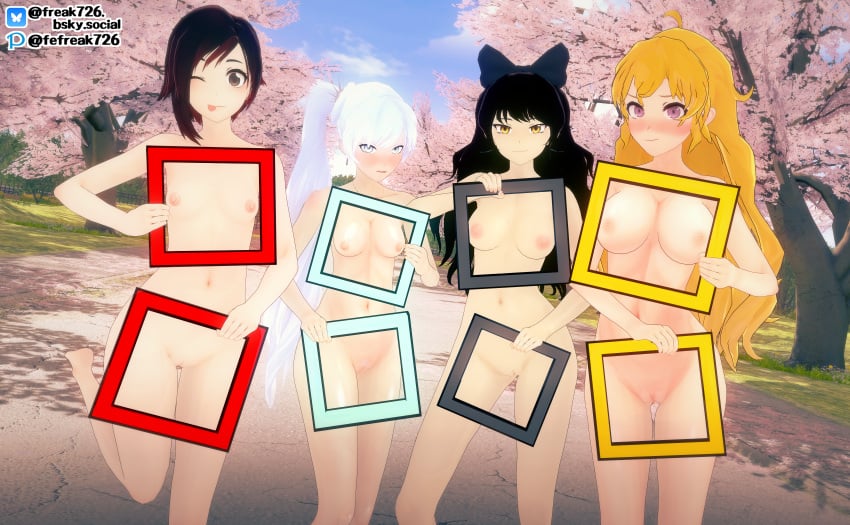 3d 4girls ahoge artist_name big_breasts black_hair blake_belladonna blonde_hair blue_eyes blush blushing_at_viewer blushing_profusely bow breasts cherry_blossoms color completely_nude_female confident confidently_naked digital_media_(artwork) edit embarrassed embarrassed_nude_female fefreak726 female female_only hi_res jacket koikatsu large_filesize light-skinned_female long_hair multicolored_hair nipples nudity public public_nudity purple_eyes pussy red_hair ruby_rose rwby short_hair side_ponytail silver_eyes small_breasts team_rwby third-party_edit two_tone_hair vagina very_high_resolution watermark weiss_schnee white_hair yang_xiao_long yellow_eyes