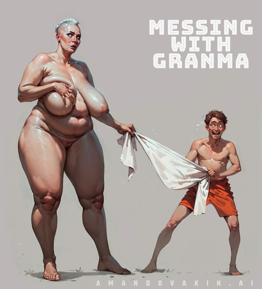 ai_generated amandovakin bbw belly couple grandmother incest larger_female older_female sagging_breasts size_difference thick towel younger_male