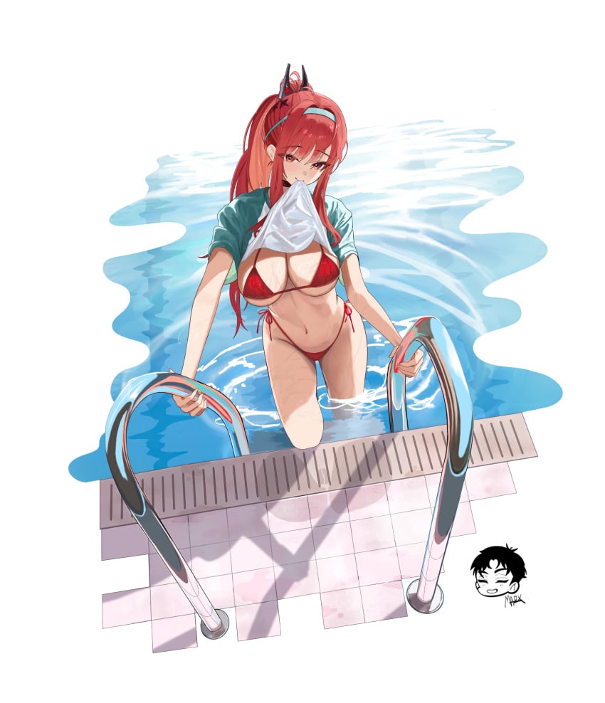 1girls absurdres aqua_hairband bikini blue_hairband blush breasts choker cleavage climbing_ladder clothes_in_mouth clothes_lift danny_marx female goddess_of_victory:_nikke hairband highres ladder large_breasts lifting_own_clothes long_hair looking_at_viewer navel official_alternate_costume official_alternate_hair_color ponytail pool pool_ladder rapi_(nikke) rapi_(red_hood)_(nikke) rapi_(red_hood)_(red_flavor)_(nikke) rapi_(red_hood)_(red_flavor)_(nikke) red_bikini red_eyes red_hair shirt shirt_lift side-tie_bikini_bottom smile solo stomach swimsuit wet