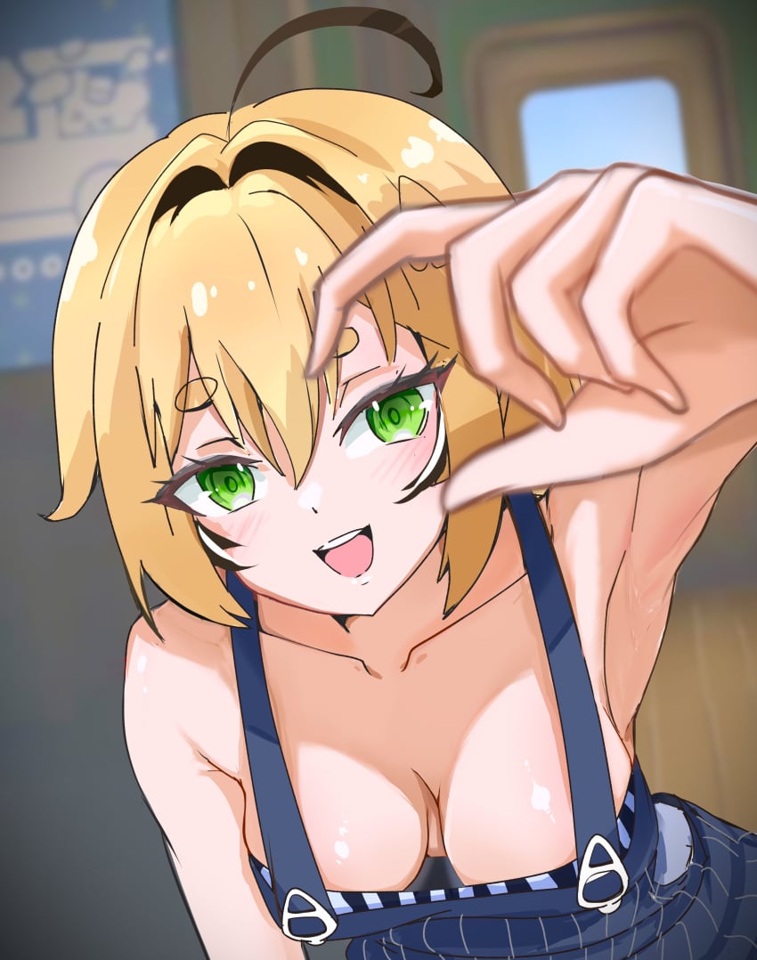 ahoge black_highlights blonde_hair cleavage conductor_uniform dooby3d green_eyes indie_virtual_youtuber jerboa jerboa_humanoid katoshseisou naked_under_clothes open_mouth train_interior virtual_youtuber