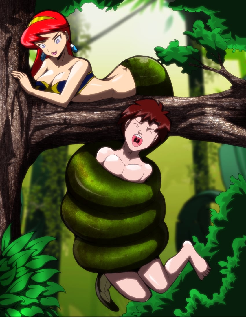 1boy blue_eyes brown_eyes brown_hair completely_nude construction_worker femdom hanging_from_branch humiliation lamia metal_bikini moaning naga red_hair severflame snake_girl snake_tail squeezing