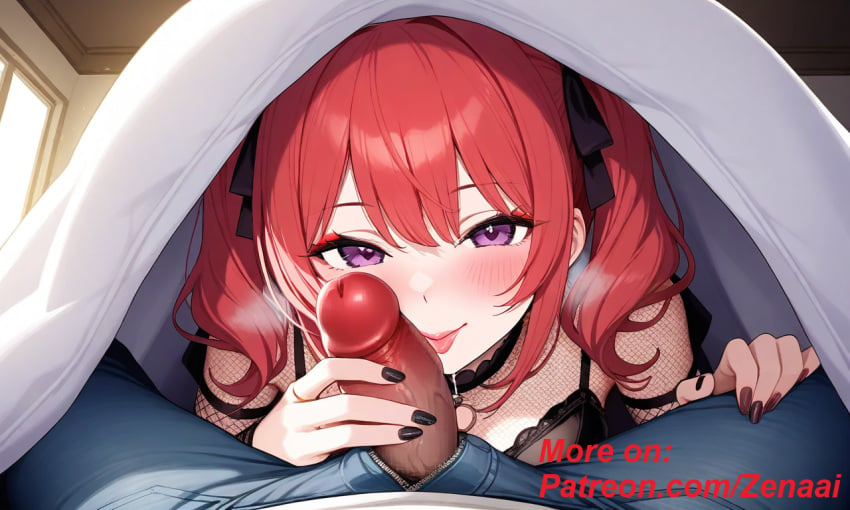 1boy 1boy1girl 1girl1boy 1girls ai_generated bed bedroom bedsheets breasts female fishnets hair huge_cock imminent_fellatio imminent_oral long_hair looking_at_viewer oral patreon patreon_username purple_eyes red_hair saliva smiling spread_legs touching_penis twintails uncensored unzipped unzipped_pants zenaai