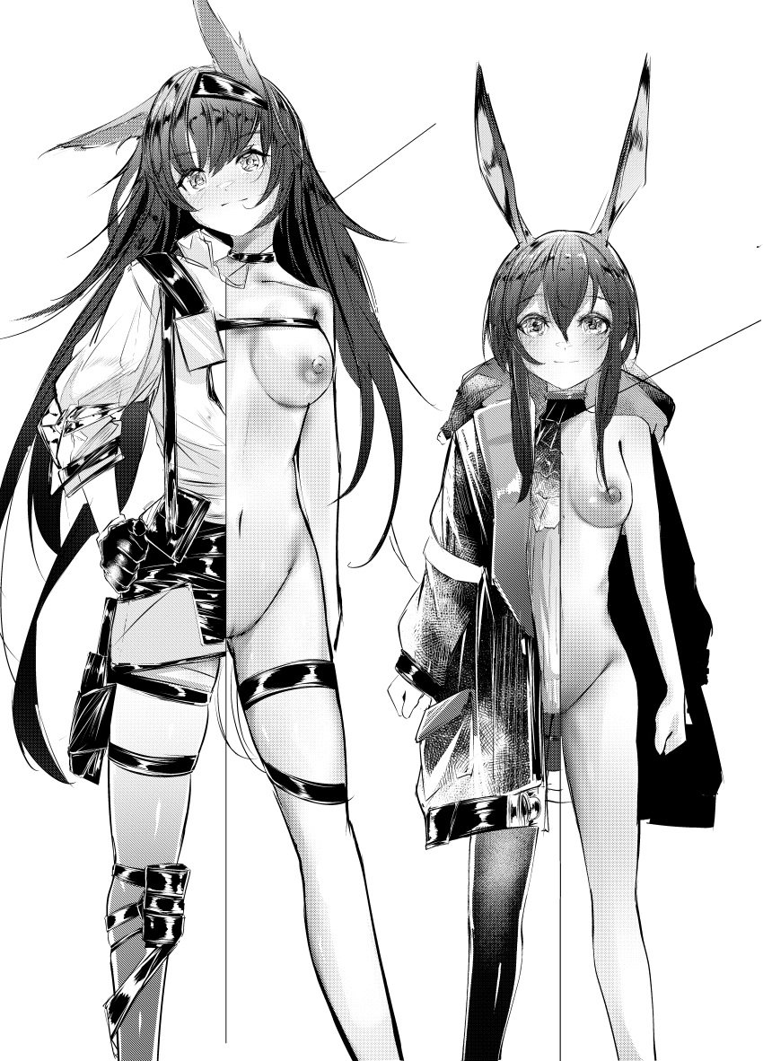 2girls amiya_(arknights) arknights blaze_(arknights) female functionally_nude_female hi_res kangaru30269256 monochrome