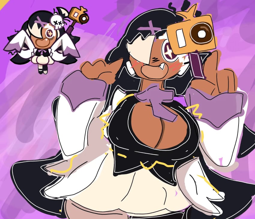 <3 1girls bean_smile big_breasts black_garlic_cookie black_hair blush brown_eyes camera cookie cookie_run cookie_run_ovenbreak dark-skinned_female dark_skin digital_media_(artwork) fangs female female_focus female_only hair_ornament heart huge_breasts long_hair messy_hair open_mouth smile tan_skin