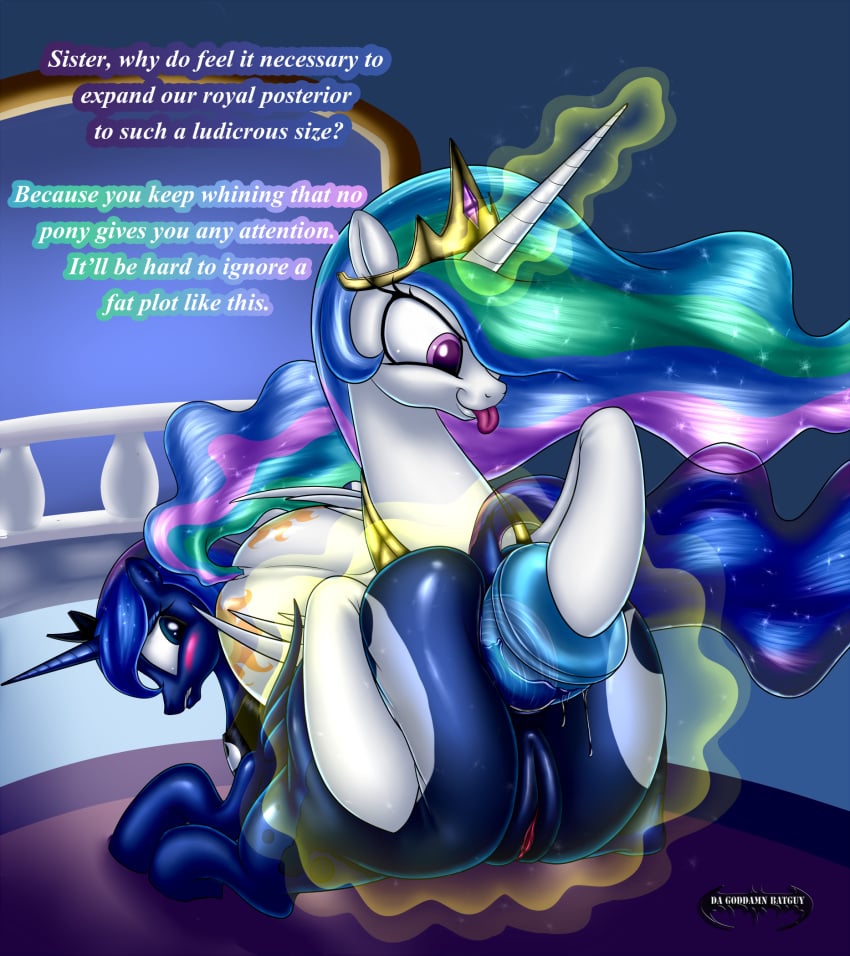 2013 alicorn anal anal_insertion anal_sex anus ass blue_eyes blue_hair blush crown cutie_mark da_goddamn_batguy dialog dildo english_text equine feral friendship_is_magic hair horn horse huge_ass insertion long_hair looking_back multicolored_hair my_little_pony penetration pink_eyes pony princess_celestia_(mlp) princess_luna_(mlp) pussy sex_toy siblings sisters smile text tiara tongue tongue_out wings