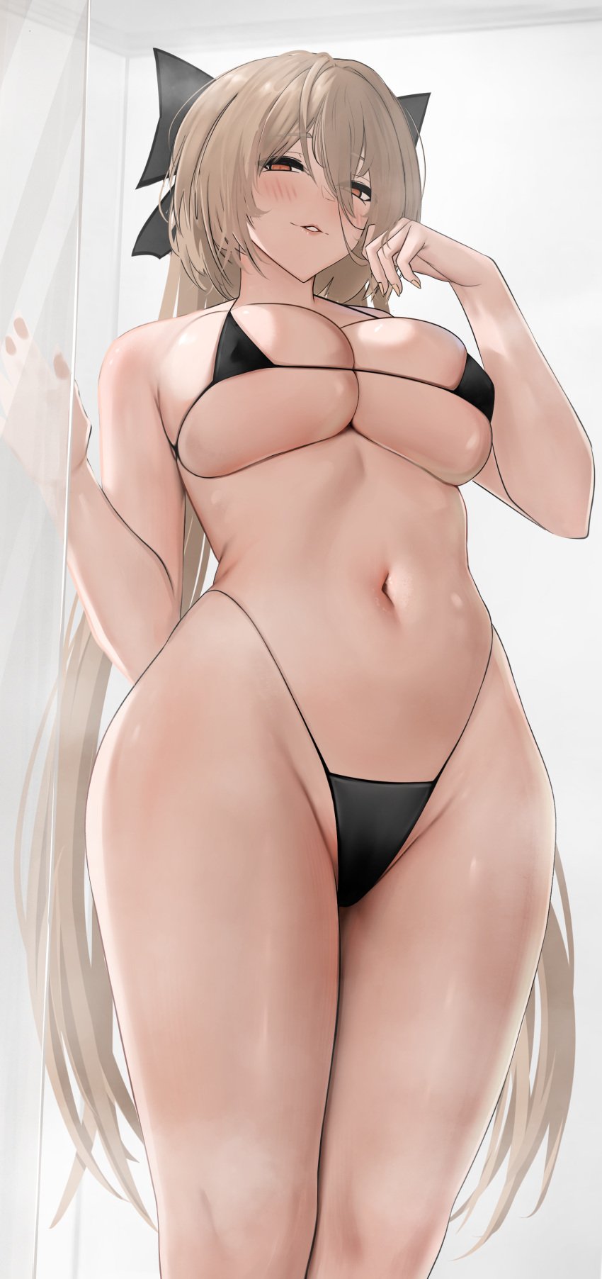 absurdres alternate_costume alternate_hairstyle azur_lane bikini black_bikini black_bow blonde_hair blush bow breasts female hair_between_eyes hairbow halterneck hand_up highleg highleg_bikini highres huge_breasts implacable_(azur_lane) large_breasts legs_together long_hair looking_at_viewer micro_bikini navel orange_eyes parted_lips solo standing stomach string_bikini swimsuit very_long_hair yunareas