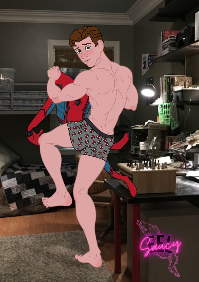 ass caught_in_the_act changing_clothes changing_room disney embarrassed embarrassed_nude_exposure embarrassed_nude_male embarrassing embarrassment marvel marvel_cinematic_universe marvel_comics peter_parker saucyeel spider-man spider-man_(tom_holland) taint tom_holland underwear