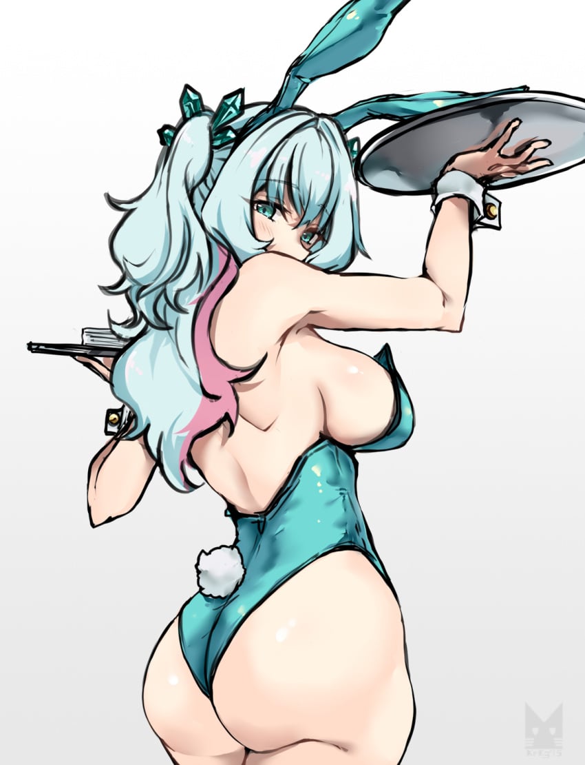 ass bunny_ears bunny_girl bunnysuit crysta_(duel_masters) duel_masters from_behind holding_tray large_ass large_breasts leotard looking_back sideboob waitress