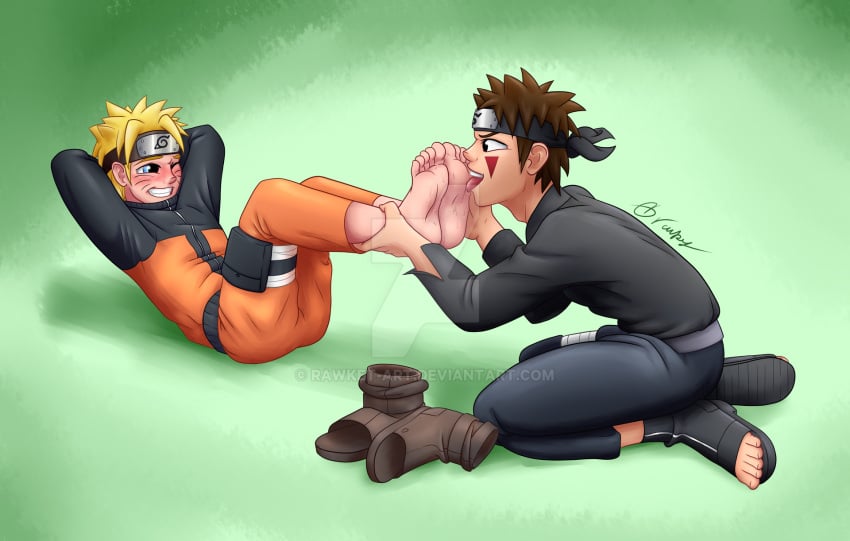 2021 2boys barefoot blonde_hair blue_eyes blush brown_hair feet foot_worship fully_clothed green_background inuzuka_kiba licking_feet male_feet male_foot_fetish male_only naruto naruto_shippuden rawket-art shoes_removed situps tickling tickling_feet ticklish uzumaki_naruto watermark working_out