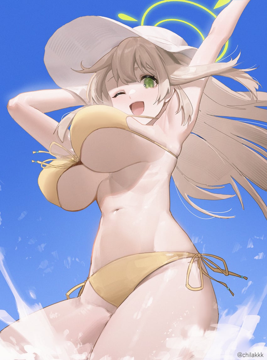 1girls adult adult_female almost_naked almost_nude arm_above_head arm_up armpit armpit_crease armpit_peek armpits bare_armpits bare_arms bare_belly bare_hands bare_hips bare_legs bare_midriff bare_navel bare_skin bare_thighs beach_hat belly belly_button bikini bikini_bottom bikini_only bikini_top blonde_eyebrows blonde_female blonde_hair blonde_hair blonde_hair_female blue_archive blue_background blue_sky breasts busty busty_female busty_girl cleavage day daylight daytime dot_nose elbows exposed exposed_armpits exposed_arms exposed_belly exposed_legs exposed_midriff exposed_shoulders exposed_thighs fair_skin female female_focus female_naked female_only green_eyes green_eyes_female groin hair_between_eyes hairless_armpits halo hand_above_head hand_behind_head hand_up hat high_resolution highres hourglass_figure kabu_usagi large_breasts lean_body lean_figure legs light-skined_female light-skinned light-skinned_female light_skin light_skin_female light_skinned light_skinned_female long_hair looking_at_viewer looking_down looking_down_at_viewer mature mature_female mostly_nude naked naked_female naked_woman narrow_waist navel nearly_nude nude nude_female nudity one_eye_closed one_eye_open open_mouth open_mouth_smile outdoor outdoor_nudity outdoors outside pale pale-skinned_female pale_skin pale_skinned_female parted_lips practically_nude sexy_armpits shaved_armpits side-tie_bikini sideboob simple_background sky slender_body slender_waist slim_girl slim_waist smile smiley_face smiling smiling_at_viewer smooth_armpits smooth_skin solo standing string_bikini swimsuit swimwear thick_thighs thighs thin_waist tongue underboob upper_body v-line wet_belly wet_bikini wet_legs wet_thighs white-skinned_female white_skin white_skinned_female wide_hips wink winking winking_at_viewer winking_eye yellow_bikini yellow_bikini_bottom yellow_bikini_top yellow_halo yellow_string_bikini yellow_swimsuit yellow_swimwear