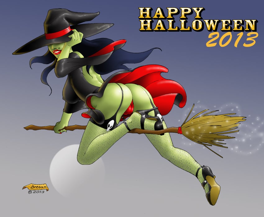 2013 ass black_hair broom flying garter green_skin halloween high_heels panties wbreaux witch witch_hat