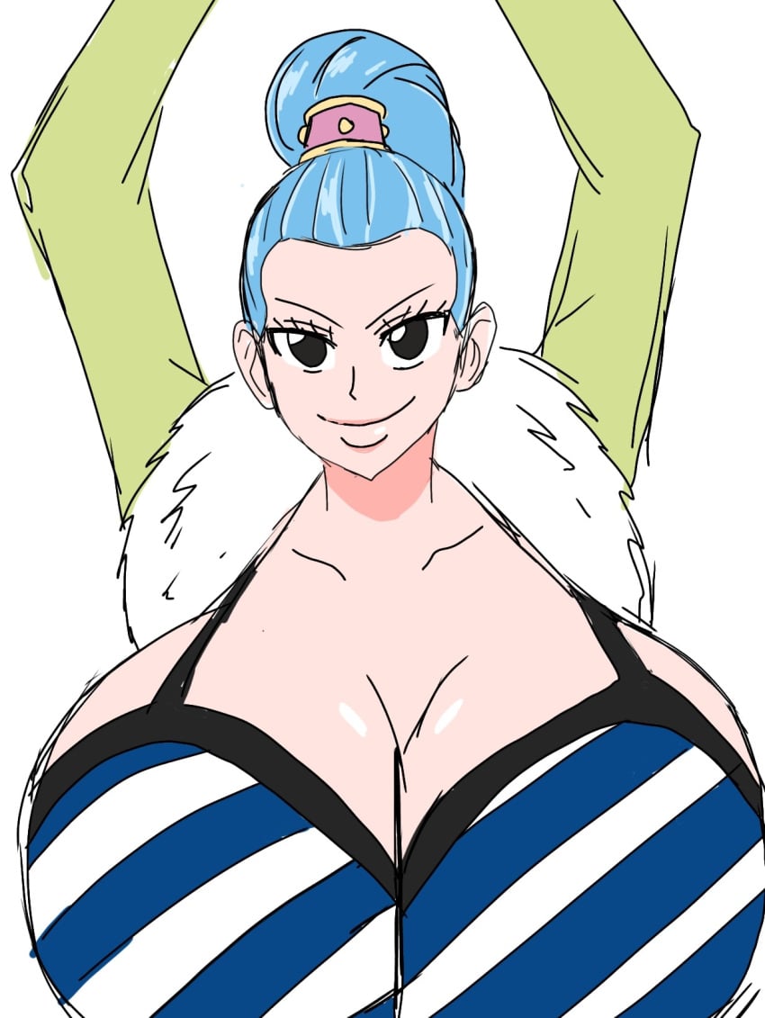 1girls 2d 2d_(artwork) 2d_artwork alternate_breast_size arms_up big_breasts black_eyes black_eyes_female blue_hair blue_hair_female breasts breasts_bigger_than_head closed_mouth earrings female female_focus female_only human human_female large_breasts looking_at_viewer looking_pleasured momiji_(artist) necklace nefertari_vivi one_piece pirate pirate_girl pleasure_face ponytail ponytail_female smile smiling solo solo_female solo_focus