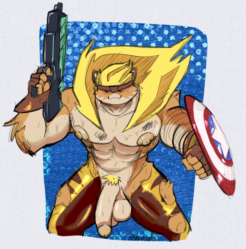 2020s 2024 abs anthro artist_name balls big_balls big_penis black_bottomwear black_clothing black_eyes black_pants blonde_hair bottomwear brown_body brown_clothing brown_fingerless_gloves brown_fur brown_gloves brown_handwear captain_america_(marvel) clothing crossover digital_media_(artwork) domestic_cat epic_games fangs felid feline felis fingerless_gloves fortnite front_view fur genitals gloves hair handwear hi_res holding_object holding_ranged_weapon holding_shield holding_weapon male mammal marvel meowscles_(fortnite) meowtooth meowtooth_(fortnite) multicolored_body multicolored_fur muscular muscular_anthro muscular_male nipples pants pecs penis pink_nipples pokonuki pose pubes ranged_weapon sharp_teeth shield smile solo teeth torn_bottomwear torn_clothing torn_pants two_tone_body two_tone_fur weapon yellow_bottomwear yellow_clothing yellow_pants