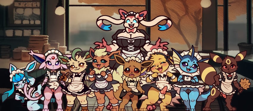 all_nine_eeveelutions anthro balls big_breasts blue_eyes blush canine canine_genitalia canine_penis canine_pussy cub eevee eeveelution erection erection_under_clothes espeon female flareon furry glaceon jolteon leafeon looking_at_viewer maid maid_uniform male open_mouth penis pokemon pussy red_eyes small_penis smile sylveon take_your_pick umbreon upskirt vaporeon worried worried_expression zeerna