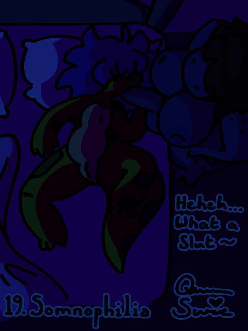 3:4 absurd_res anthro big_breasts breasts brown_hair dark_room deltarune dinosaur duo featureless_chest female flat_chested freckled_face freckled_hips freckles green_body green_spots gynomorph hair hi_res intersex intersex/female kinktober kinktober_2024 lizard long_hair long_tail messy_hair night nude penis_in_mouth prehistoric_species purple_body purple_hair queen_susie reptile scalie sex signature sleep_sex sleeping sleeping_nude slightly_chubby spots susie_(deltarune) tail text thick_thighs trixie_(queen_susie) undertale_(series) yellow_eyes yellow_sclera yellow_underbelly