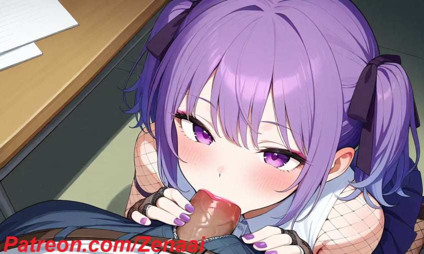 1boy 1boy1girl 1girls ai_generated blush dick fellatio lipstick nail_polish nails_painted patreon patreon_username penis pov pubic_hair purple_eyes purple_hair purple_nails red_lipstick saliva shirt skirt touching_penis twintails under_the_table unzipped zenaai