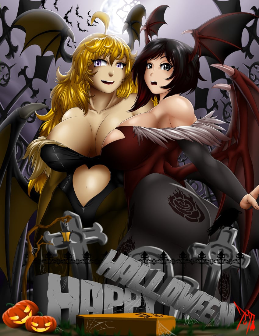 2019 2girls alternate_version_available ass big_ass big_breasts black_hair blonde_hair breasts cosplay darkstalkers english_text female female_only halloween huge_ass huge_breasts large_ass large_breasts lilith_aensland_(cosplay) morrigan_aensland_(cosplay) multicolored_hair multiple_girls purple_eyes red_hair ruby_rose rwby silver_eyes sisters suicidetoto text yang_xiao_long