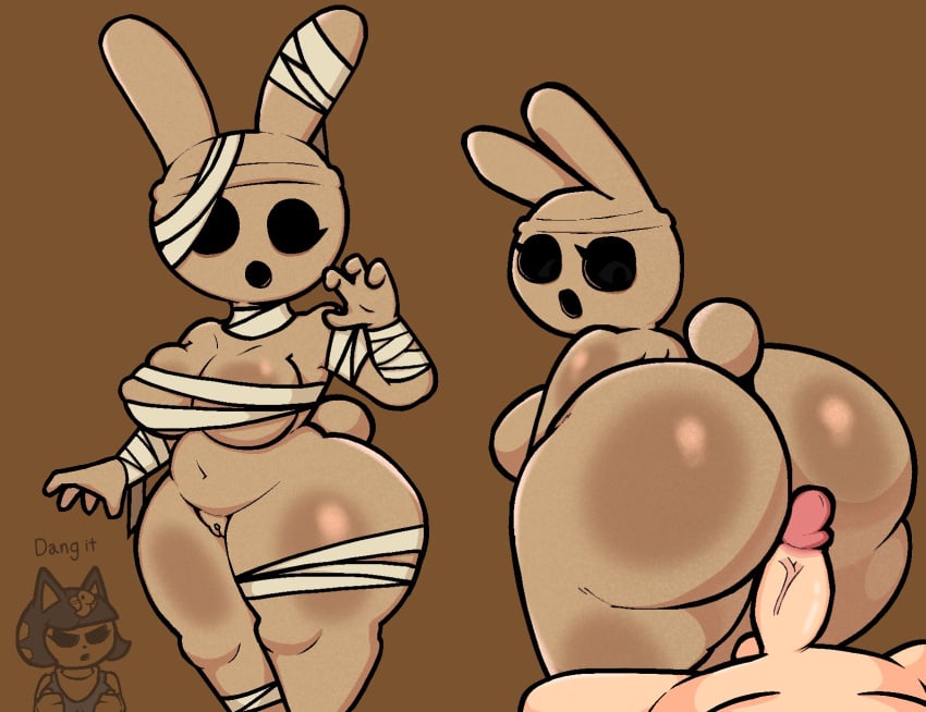 2024 animal_crossing animate_inanimate ankha ankha_(animal_crossing) anthro areola areola_slip ass big_breasts big_butt breast_squish breasts brown_body coco_(animal_crossing) digital_drawing_(artwork) digital_media_(artwork) duo empty_eyes english_text faceless_character faceless_male female female_focus genitals gyroid hi_res huge_butt humanoid_genitalia humanoid_penis lagomorph leporid lewdewott looking_at_viewer looking_back looking_back_at_viewer male male/female mammal mostly_nude mummy_costume mummy_wrappings nintendo penis penis_on_butt pussy rabbit solo_focus squish text