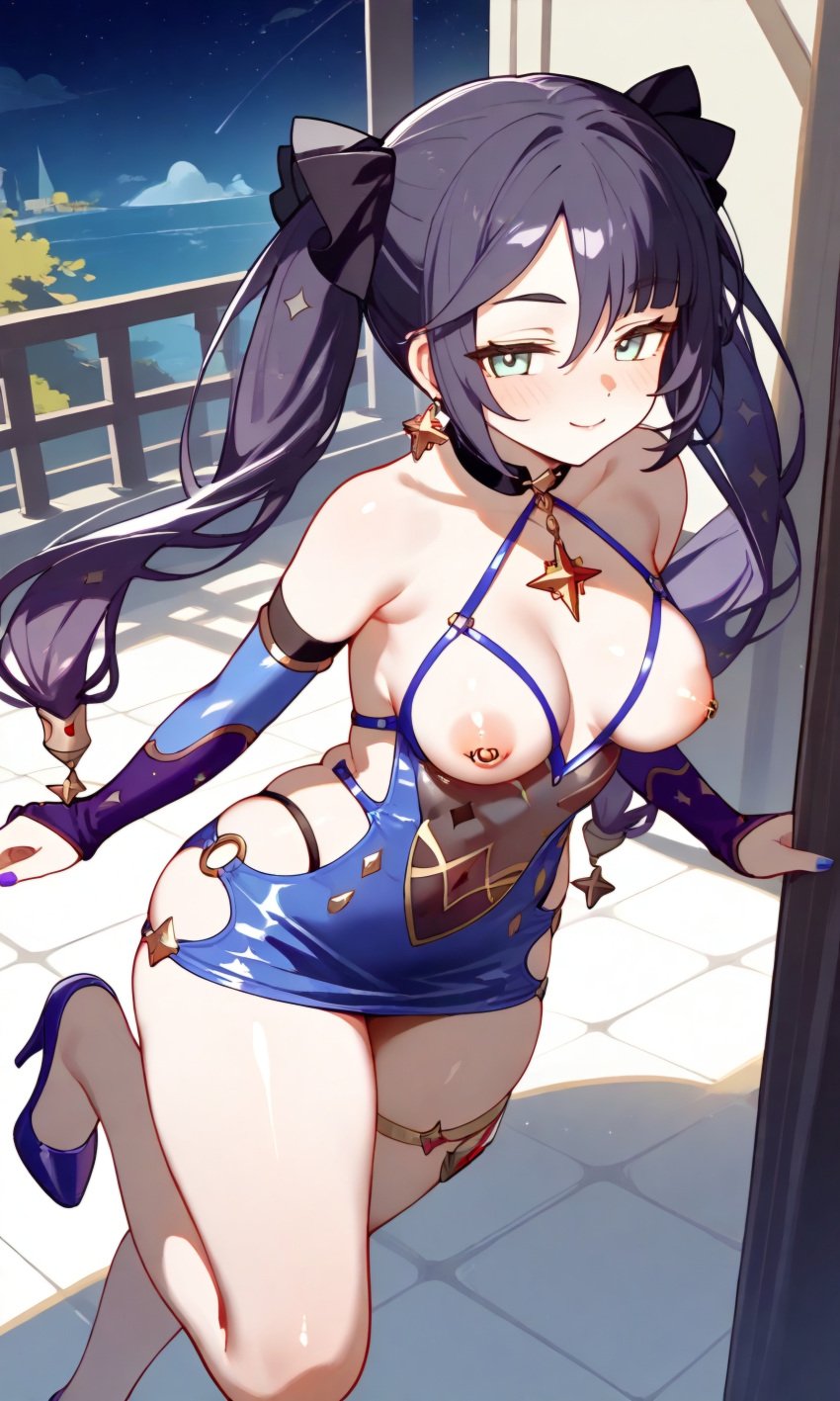 1girls ai_generated breasts breasts_out dress genshin_impact gloves green_eyes high_heels jewelry medium_breasts mona_(genshin_impact) nipple_piercing nipples outcyli731 pubic_hair slut slutty_dress slutty_outfit stable_diffusion