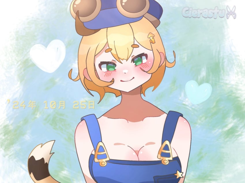 artist_name blonde_hair blush cierastu cleavage conductor_hat dooby3d gloves goggles green_eyes heart indie_virtual_youtuber jerboa jerboa_humanoid looking_at_viewer virtual_youtuber watermark