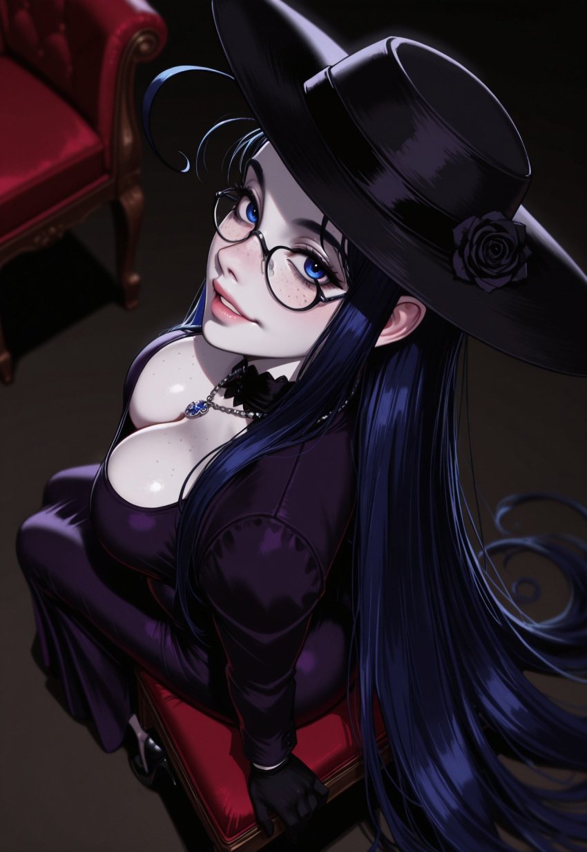ai_generated big_breasts blue_eyes blue_hair breasts chaesprison_(artist) clothed_female dress female german_female glasses goth hat hellsing long_hair pale-skinned_female pale_skin purple_clothing rip_van_winkle seductive seductive_look sexy vampire vampire_girl very_long_hair