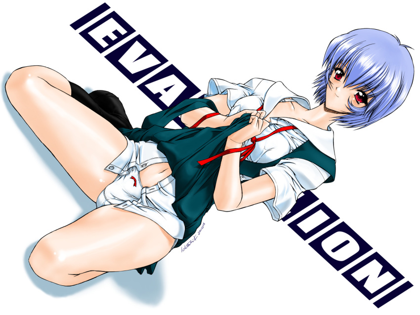 1girls blue_hair breasts clothes clothing female gainax hair highres human kino_hitoshi neon_genesis_evangelion pale-skinned_female pale_skin panties red_eyes rei_ayanami school_uniform short_hair skirt skirt_lift underwear wallpaper