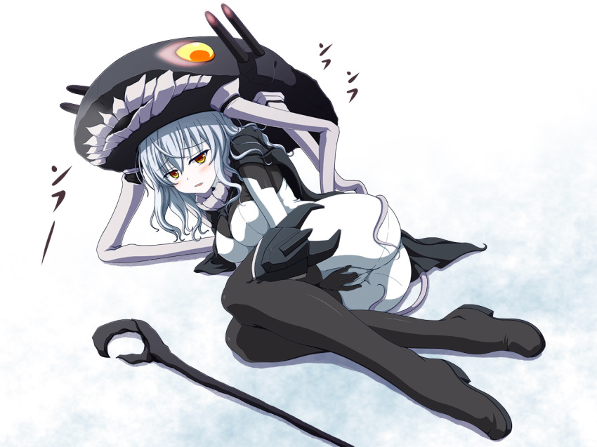 black_boots black_gloves blush boots cape female gloves hat kantai_collection lying masturbation monster_girl nekoreceipt on_side pale_skin personification shinkaisei-kan short_hair silver_hair solo staff tentacle thigh_boots thighhighs wo-class_aircraft_carrier yellow_eyes