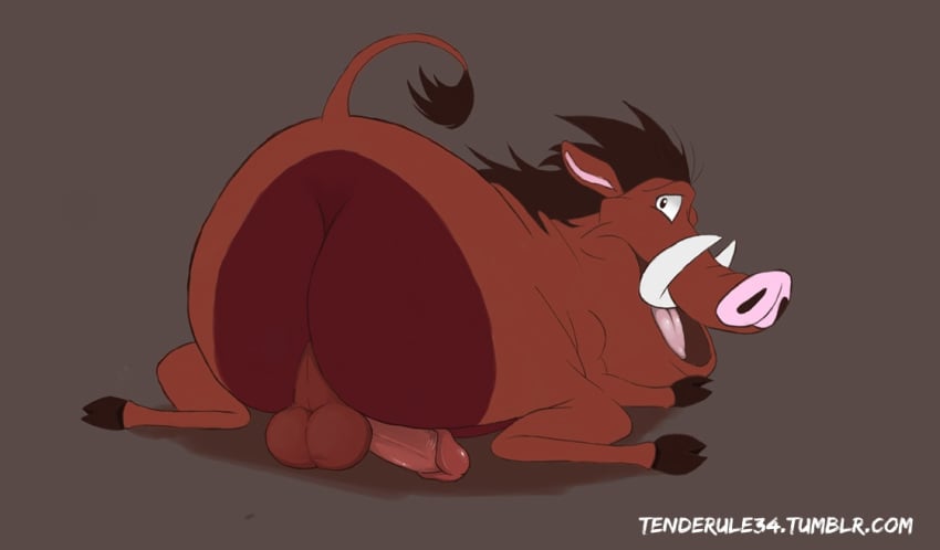 anthro ass balls big_ass disney erection feral furry hooves humanoid_penis looking_at_viewer looking_back male male_only penis plain_background pumbaa solo tenderule34 the_lion_king tusks warthog