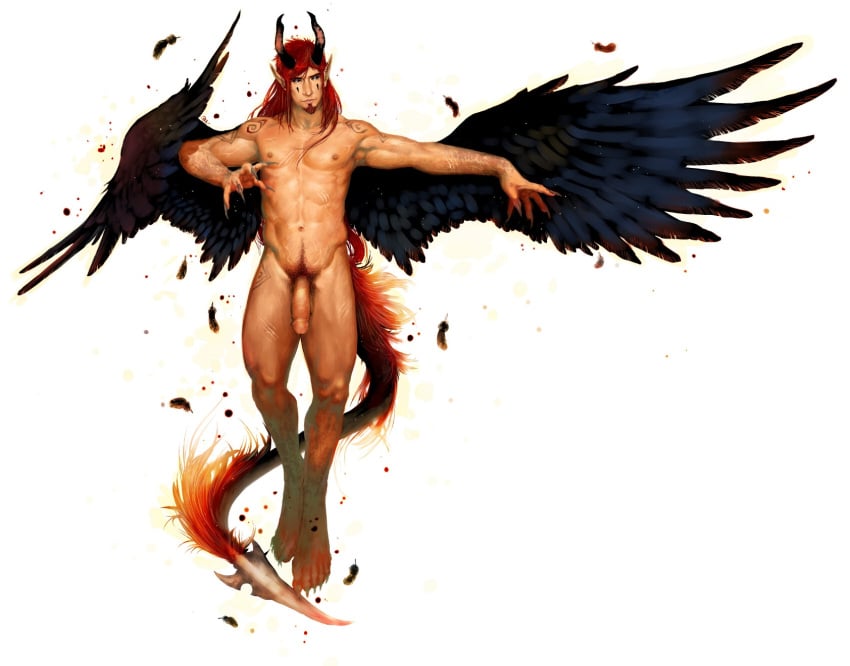 abs biceps black_sclera circumcised claws demon erect_nipples feathers flaccid_penis flying full-length_portrait full_length furry_tail goatee horns incubus long_hair male male_only pecs penis plain_background pockyrumz pointed_ears pointed_tail portrait pose red_hair sharp_fingernails sharp_toenails solo standing tattoo white_eyes wings