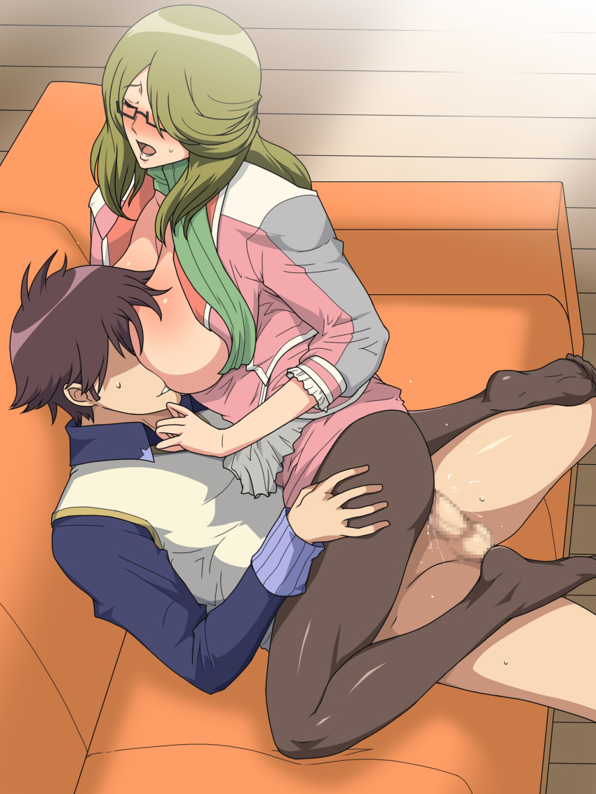 big_breasts blush breast_press breasts breasts_out censored chousoku_henkei_gyrozetter closed_eyes feet female glasses green_hair gureko_rouman hair_over_one_eye highres large_breasts legs long_hair no_shoes open_clothes open_mouth pantyhose penis scarf sex short_hair shoudou_kotoha sitting sitting_on_person sweat thighs toes vaginal_penetration