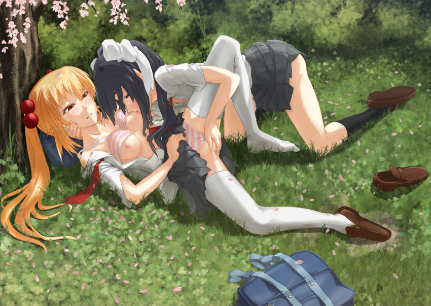 black_hair black_socks blonde_hair bra breasts brown_loafers doumyouji_sakura female fingering grass headdress kitakubu_katsudou_kiroku knee_socks kneehighs kneesocks loafers long_hair mact multiple_girls oohagi_botan open_clothes open_shirt panties petals pussy_juice red_eyes seifuku shirt skirt socks striped striped_panties thigh_socks thighhighs tied_hair twintails underwear white_socks yuri