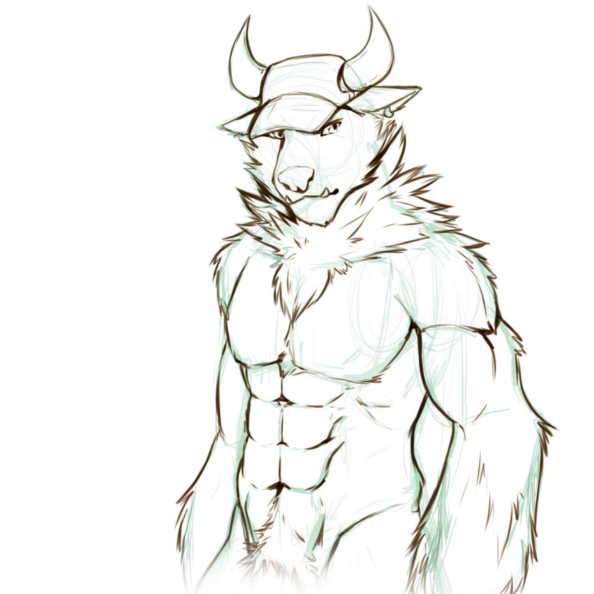 abs anthro biceps bison bovine canine chest_tuft fenrir furry hat horn hybrid line_art male male_only monochrome nude pecs plain_background pose rrowdybeast shynjy sketch solo tuft wolf