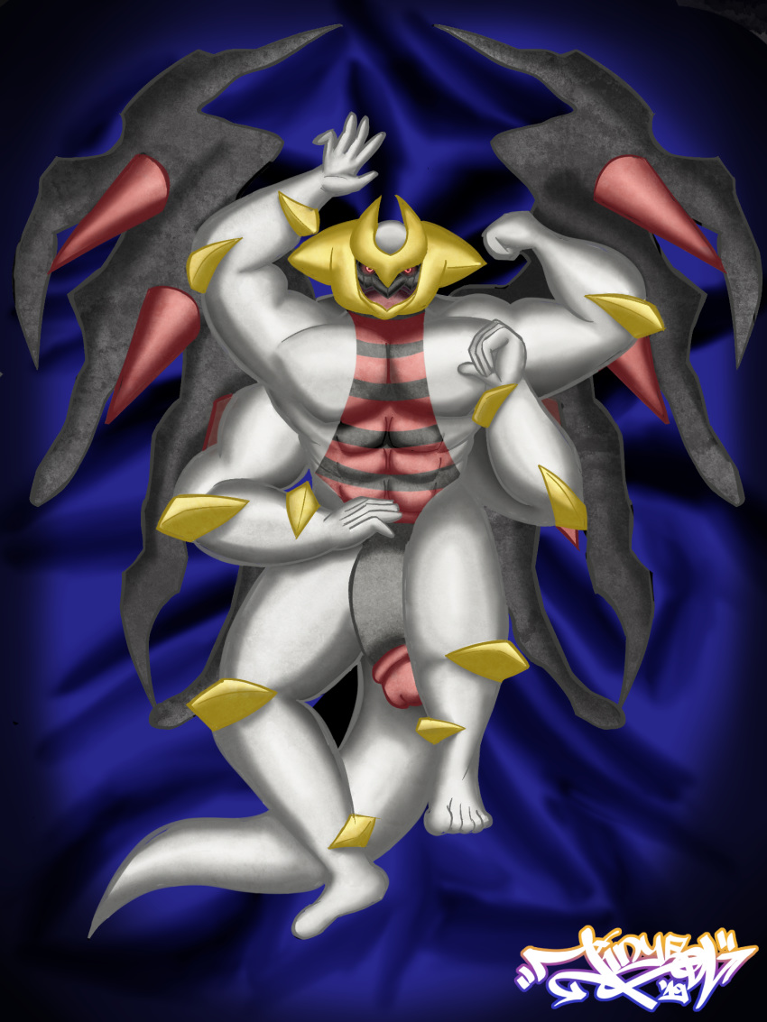 1boy 2019 4_arms 5_toes abs anthro anthrofied armpits biceps black_skin black_wings dakimakura_design digital_media_(artwork) dragon eye_contact feet flaccid flexing gesture ghost giratina giratina_(altered_form) grey_skin hand_on_penis hi_res huge_penis humanoid_penis jinyeon legendary_pokémon looking_at_viewer lying male male_only multi_arm multi_limb muscular nintendo no_nipples nude on_back open_mouth pecs penis pinup pointing pointing_at_self pokémon_(species) pokemon pokemon_dppt pokemorph pose raised_arm red_eyes red_skin scalie solo spikes tail text toes video_games watermark wings yellow_skin