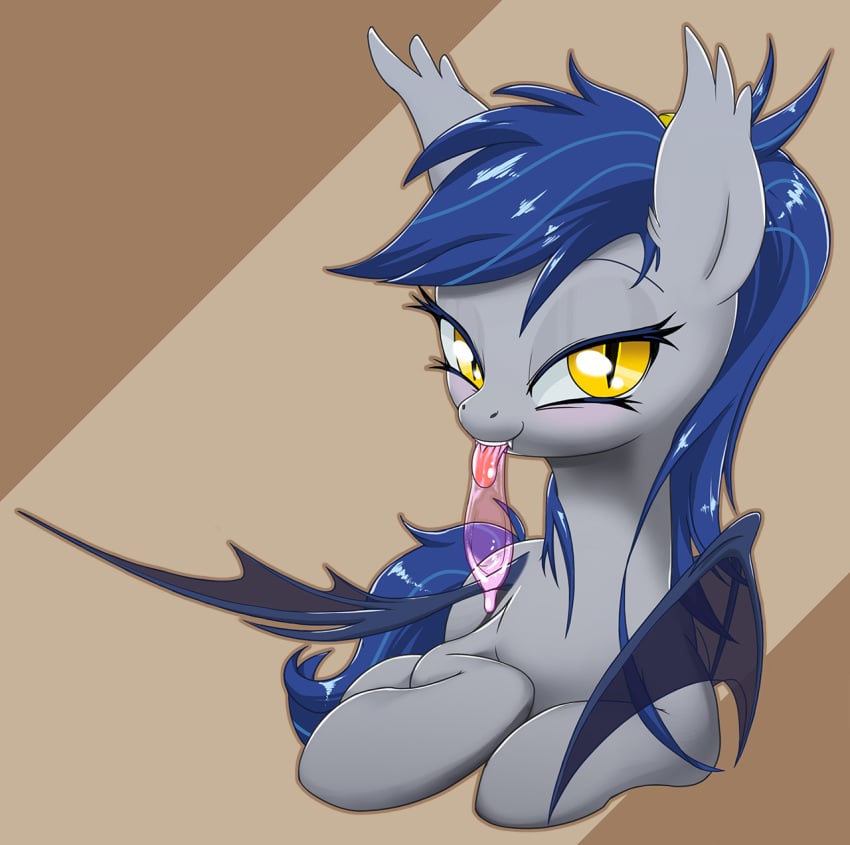 bat_wings blue_hair condom cum equine fangs female grey_fur hair horse looking_at_viewer lying my_little_pony on_side original_character pegasus pony slit_pupils solo stoic5 wings yellow_eyes