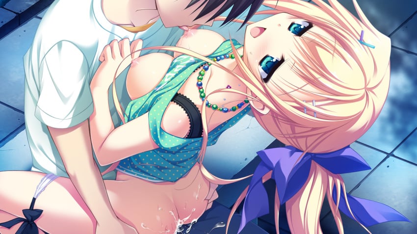 asahina_shin blonde_hair blue_eyes breasts cum game_cg hontani_kanae karumaruka_circle necklace nipples panties panty_pull ponytail saga_planets sex tied_hair underwear