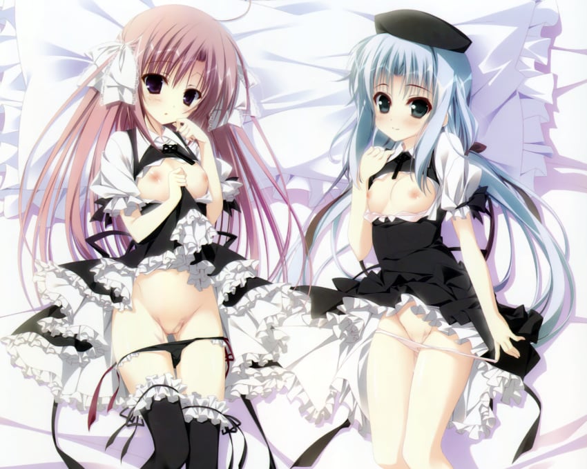 2girls bed blue_hair blush breasts hat himawari_no_kyoukai_to_nagai_natsuyasumi inugami_kira long_hair multiple_girls natsusaki_yomi nipples nonohara_hinazakura panties panty_pull pink_hair pussy_juice skirt skirt_lift thighhighs underwear