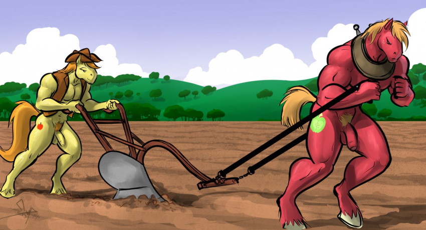 2013 2boys 4_fingers anthro anthrofied apple balls barefoot bgn big_macintosh_(mlp) blonde_hair braeburn_(mlp) brother brown_fur clothed clothing cloud color cutie_mark day dirt earth_pony equine farm friendship_is_magic fruit fur grasp grass green_fur hair half-dressed happy hat headgear hooves horse male male_only manly muscles my_little_pony navel nude orange_hair outdoors pecs penis plant pony pubic_hair pull raised_arm red_fur short_hair sibling sky smile standing testicles tree vest wood yellow_fur