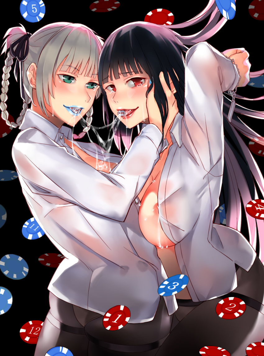 2girls after_kiss bami_clan_(kakegurui) big_breasts black_hair blouse blue_lipstick bondage bound breasts crying female female_only green_eyes jabami_yumeko kakegurui lipstick long_hair makeup momobami_kirari multiple_girls nipples red_eyes red_lipstick ribo saliva saliva_trail shirt tears tied_up white_hair yuri