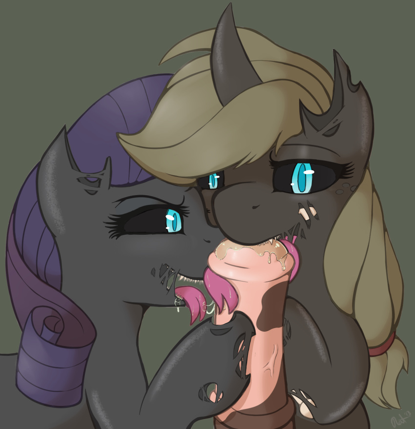 applejack_(mlp) bite bone changeling cum fellatio female forked_tongue freckles friendship_is_magic glans_biting looking_at_viewer male my_little_pony oral oral_sex penis penis_biting rarity_(mlp) ratofdrawn saliva sex sharp_teeth straight_hair teeth tongue