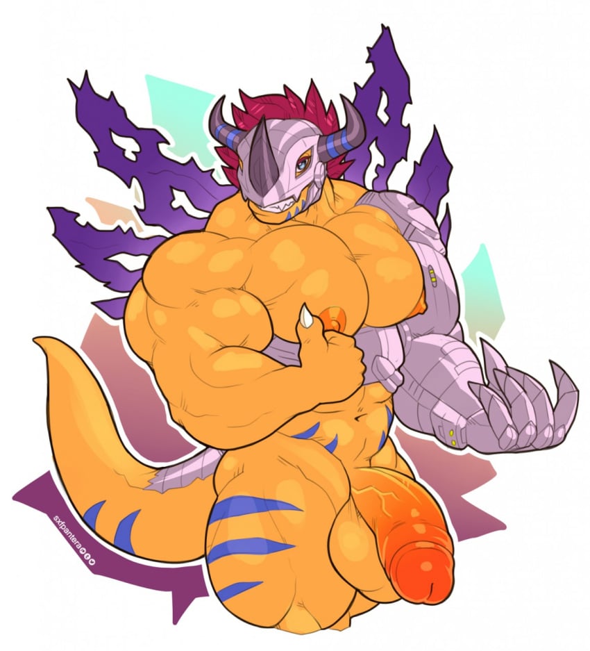 anthro balls bara blue_eyes cyborg digimon male_only metalgreymon muscles nipples penis scalie solo sxf-pantera sxfpantera