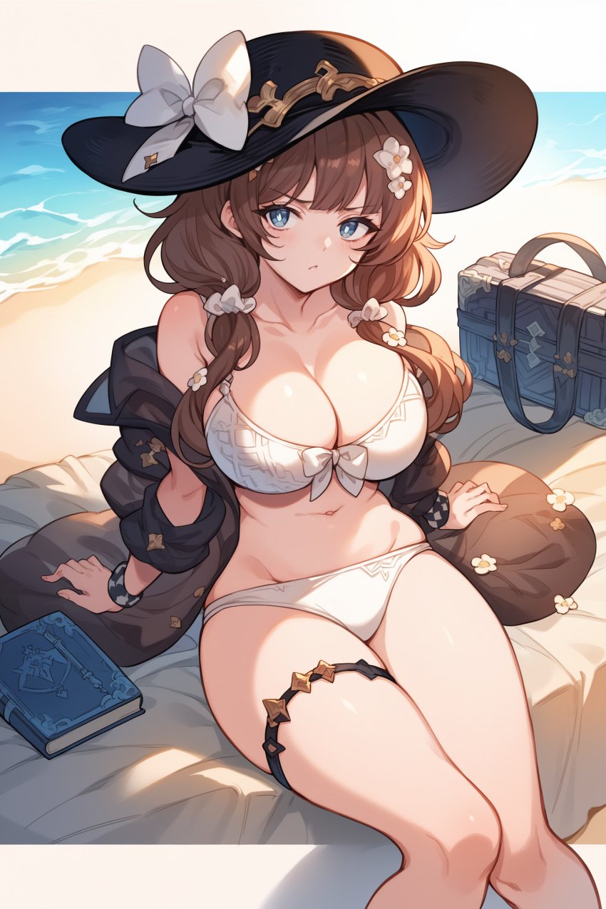 ai_generated beach bikini blue_eyes brown_hair granblue_fantasy hat large_breasts low_twintails midriff navel pale-skinned_female pale_skin raziel_(granblue_fantasy) sitting thick_thighs thighs twintails white_bikini