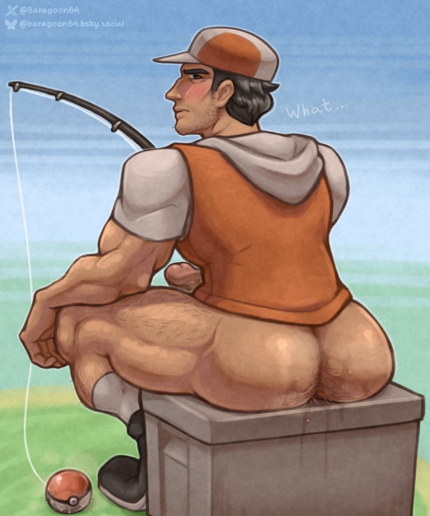 1boy ass bara baragoon64 black_hair bluesky_logo bluesky_username blush boner bottomless bottomless_male erection fisherman_(pokemon) fishing_rod hairy_ass hairy_thighs hat hi_res highres hood_down hoodie looking_back looking_back_at_viewer male male_focus male_only multicolored_clothing muscular muscular_male musk nintendo outdoors penis penis_head poke_ball pokemon shoes short_hair sitting socks solo solo_male stubble thick_thighs thighs twitter_logo twitter_username