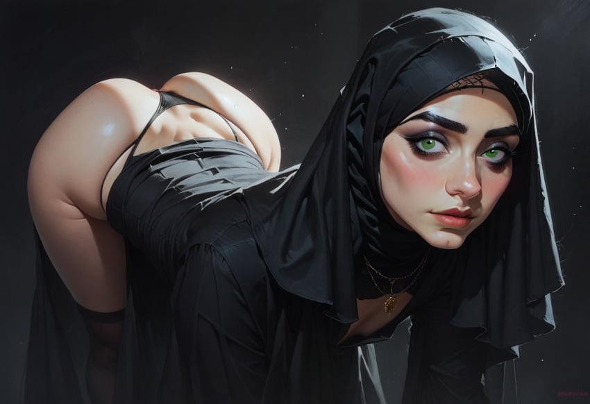 1femboy abaya ai_generated ass ass_up female femboy green_eyes hijab jokerofhearts muslim muslim_female muslim_femboy panties solo