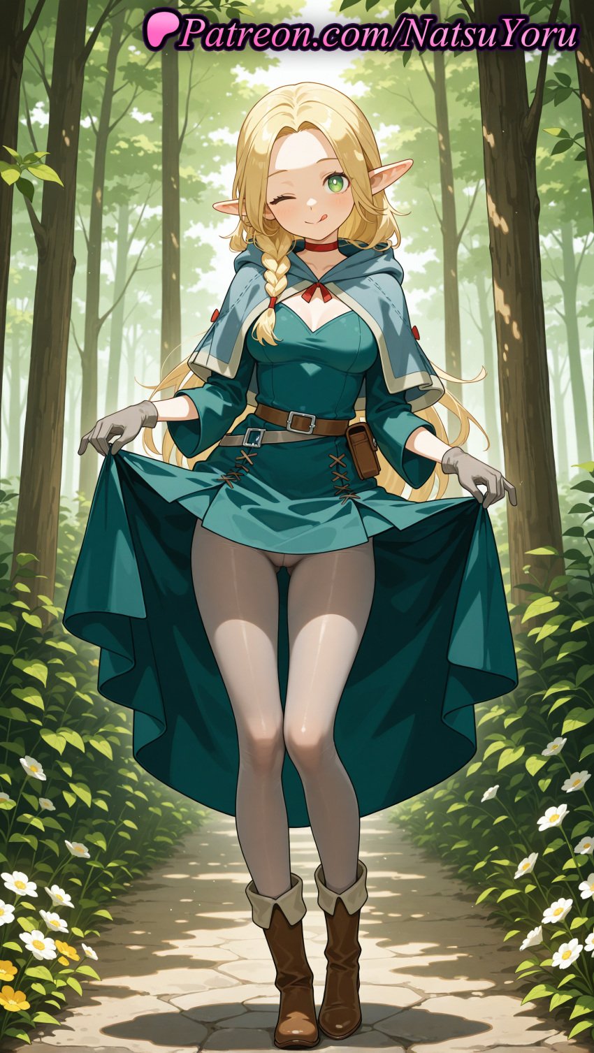 1girls ai_generated anime anime_style ass_visible_through_thighs belt belt_pouch blonde_hair blue_capelet blue_dress blush boots braid breasts brown_belt brown_footwear brown_gloves bust busty cameltoe capelet choker cleavage closed_mouth clothes_lift copyright_name day delicious_in_dungeon dress dress_lift dungeon_meshi elf elf_ears female female_focus female_only flower forest full_body gloves green_dress green_eyes grey_gloves grey_pantyhose hi_res high_quality high_resolution highres hood hood_down hooded_capelet lifted_by_self long_hair long_sleeves looking_at_viewer marcille_donato medium_breasts natsuyoru nature one_eye_closed outdoors panties panties_under_pantyhose pantyhose parted_bangs patreon pointed_ears pointy_ears pouch red_choker red_ribbon ribbon side_braid skirt skirt_hold skirt_lift smile solo solo_female standing thigh_gap tongue tongue_out tree twin_braids underwear voluptuous voluptuous_female white_flower