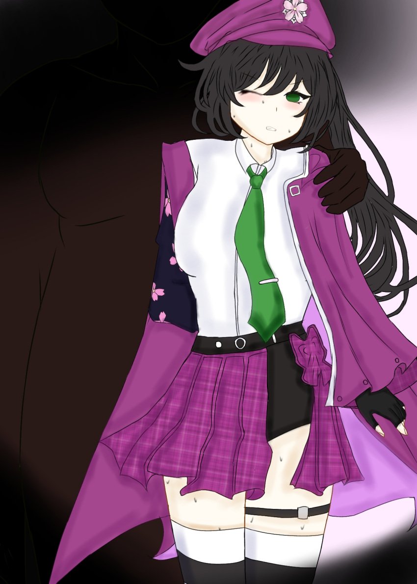 1boy 1boy1girl 1girls black_hair blush cherry_blossom christy(lhms) cloak dark_skin glove green_eyes green_tie hat jaki lhms2 neriki shorts skirt stockings sweat