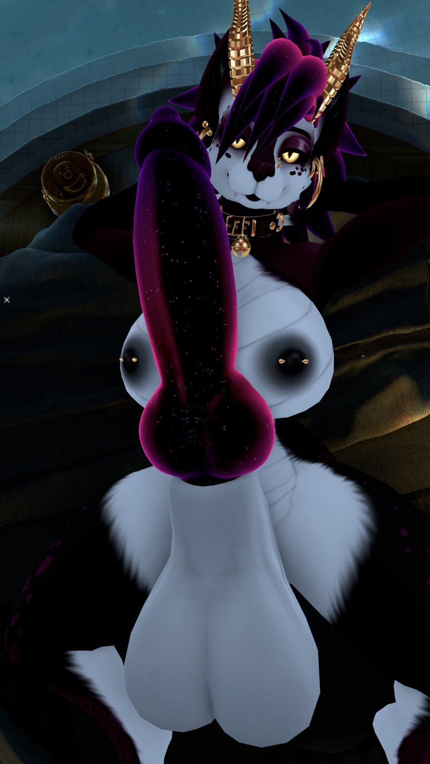 3d arms_behind_head canine_penis choker furry futanari horns huge_balls huge_cock hyena knot looking_at_viewer multicolored_penis nipple_piercing piercing pool self_upload vrchat